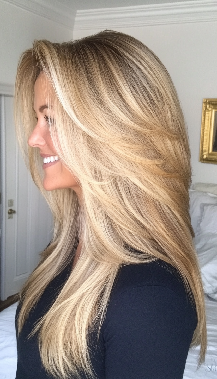 2. Feathered Layers with Warm Blonde Highlights (Long Hairstyles For Women Over 50) - Long Hairstyles For Women Over 50