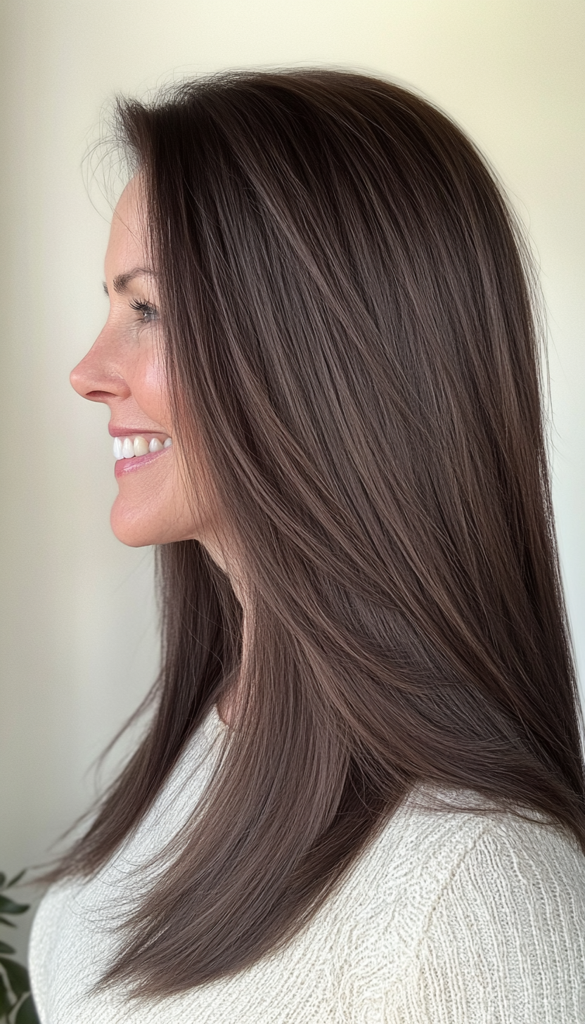 3. Classic Straight Cut with Cool Dark Brown (Long Hairstyles For Women Over 50) - Long Hairstyles For Women Over 50