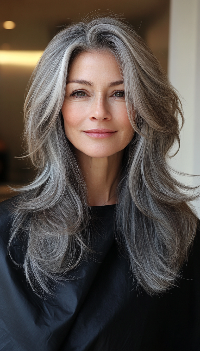 6. Long Shag with Soft Gray Blend (Long Hairstyles For Women Over 50) - Long Hairstyles For Women Over 50
