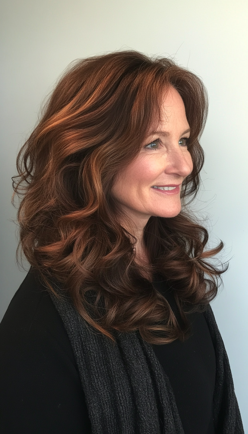7. Voluminous Curls in Dark Chestnut (Long Hairstyles For Women Over 50) - Long Hairstyles For Women Over 50