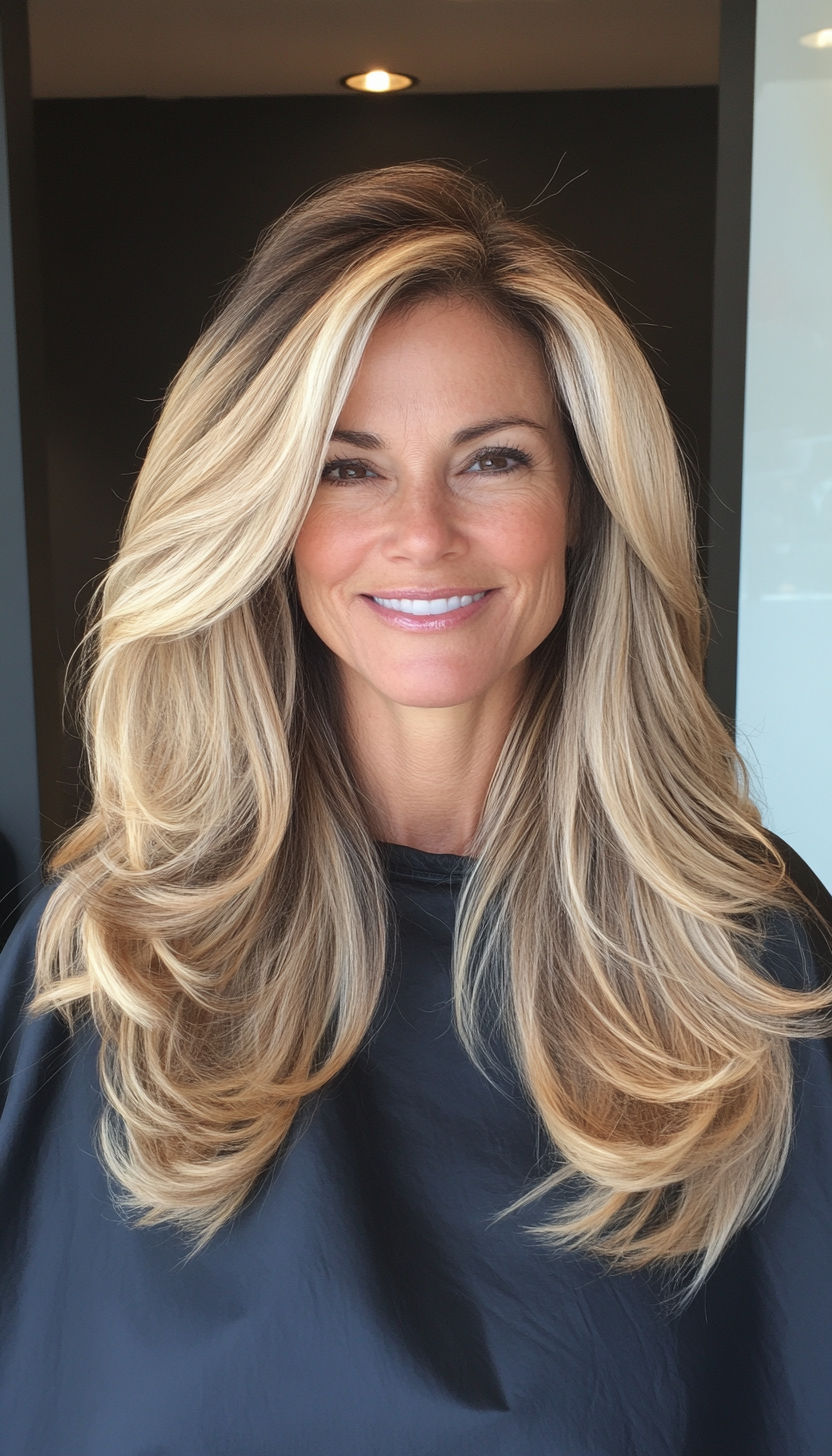 8. Sleek Layers with Honey Blonde Balayage (Long Hairstyles For Women Over 50) - Long Hairstyles For Women Over 50
