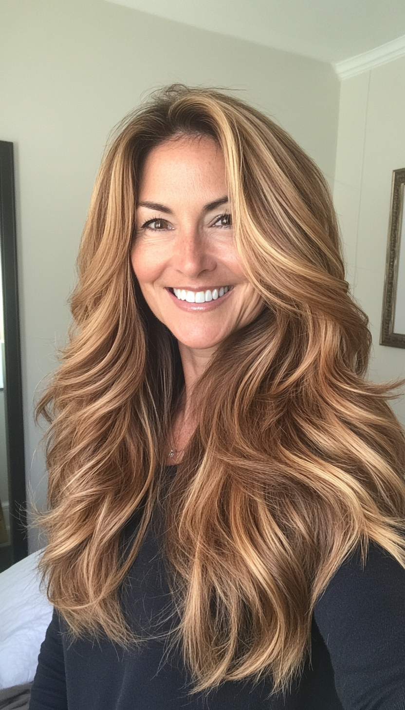 10. Long Choppy Layers in Golden Brown (Long Hairstyles For Women Over 50) - Long Hairstyles For Women Over 50