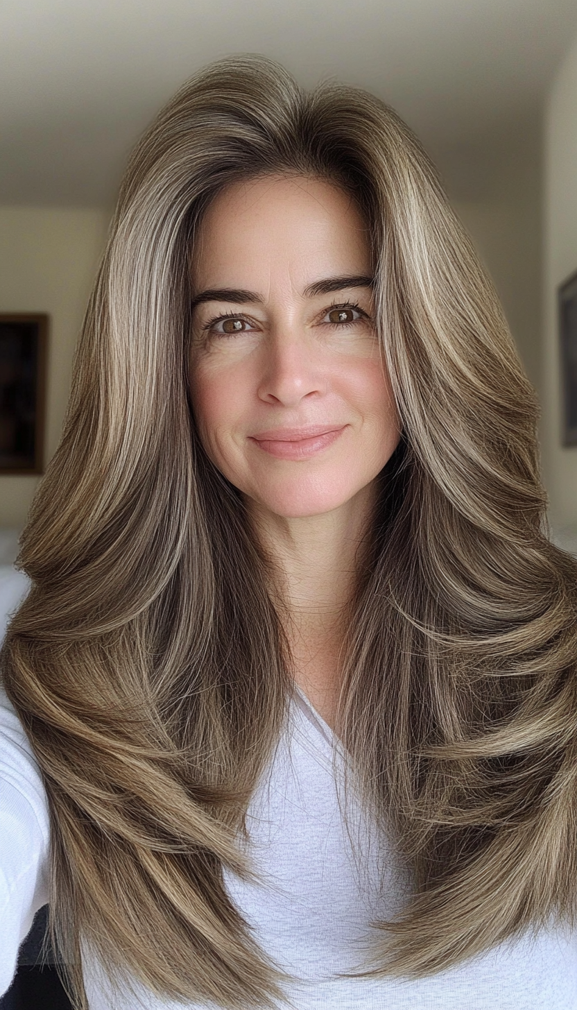 11. Cascading Layers in Ash Brown (Long Hairstyles For Women Over 50) - Long Hairstyles For Women Over 50