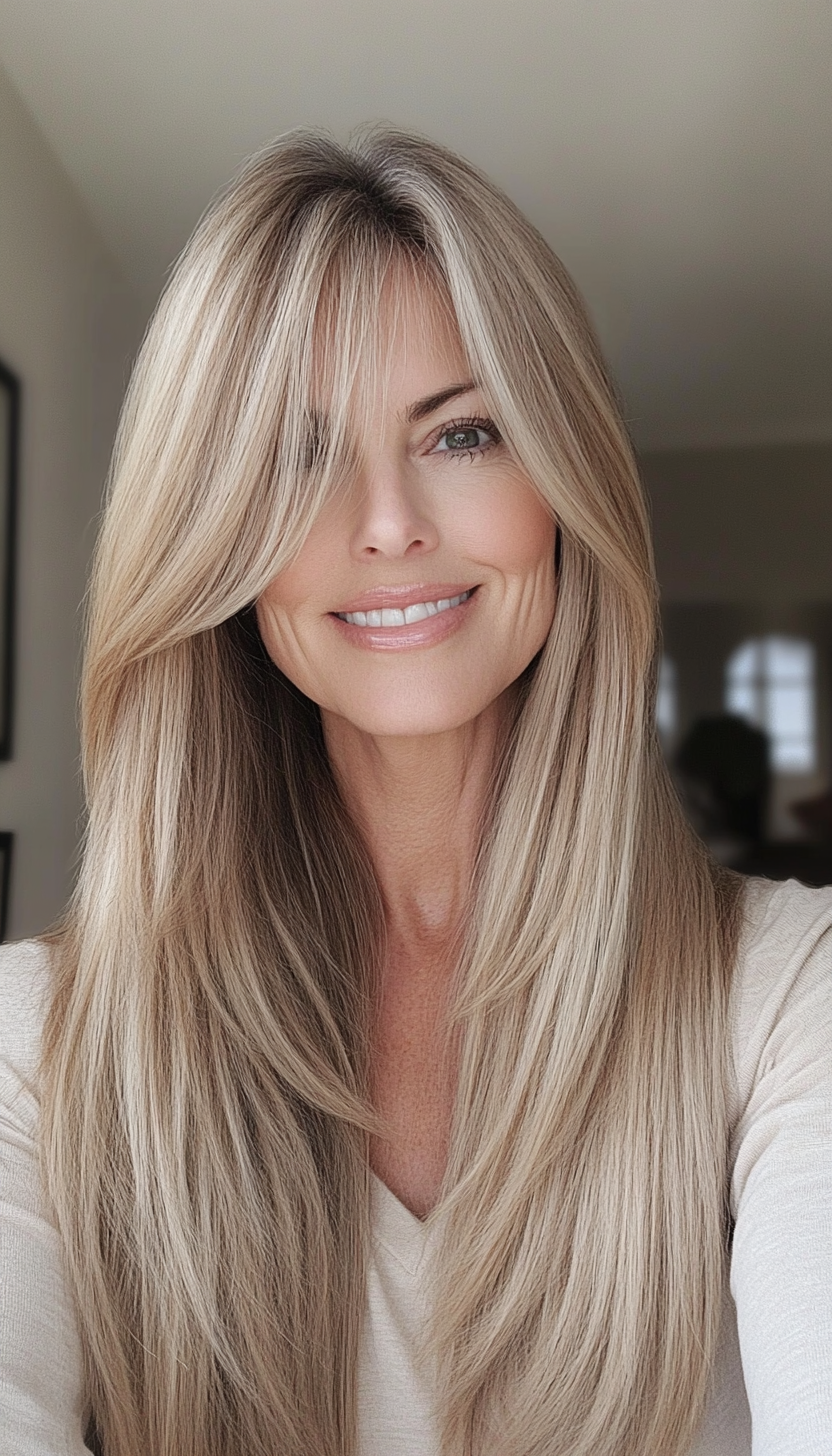14. Straight Cut with Side Bangs in Sandy Blonde (Long Hairstyles For Women Over 50) - Long Hairstyles For Women Over 50
