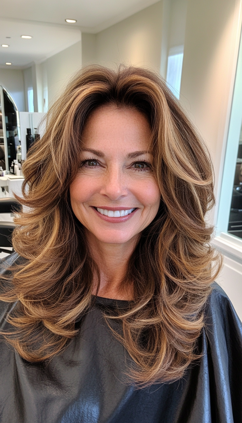 15. Layered Waves with Caramel Brown Highlights (Long Hairstyles For Women Over 50) - Long Hairstyles For Women Over 50