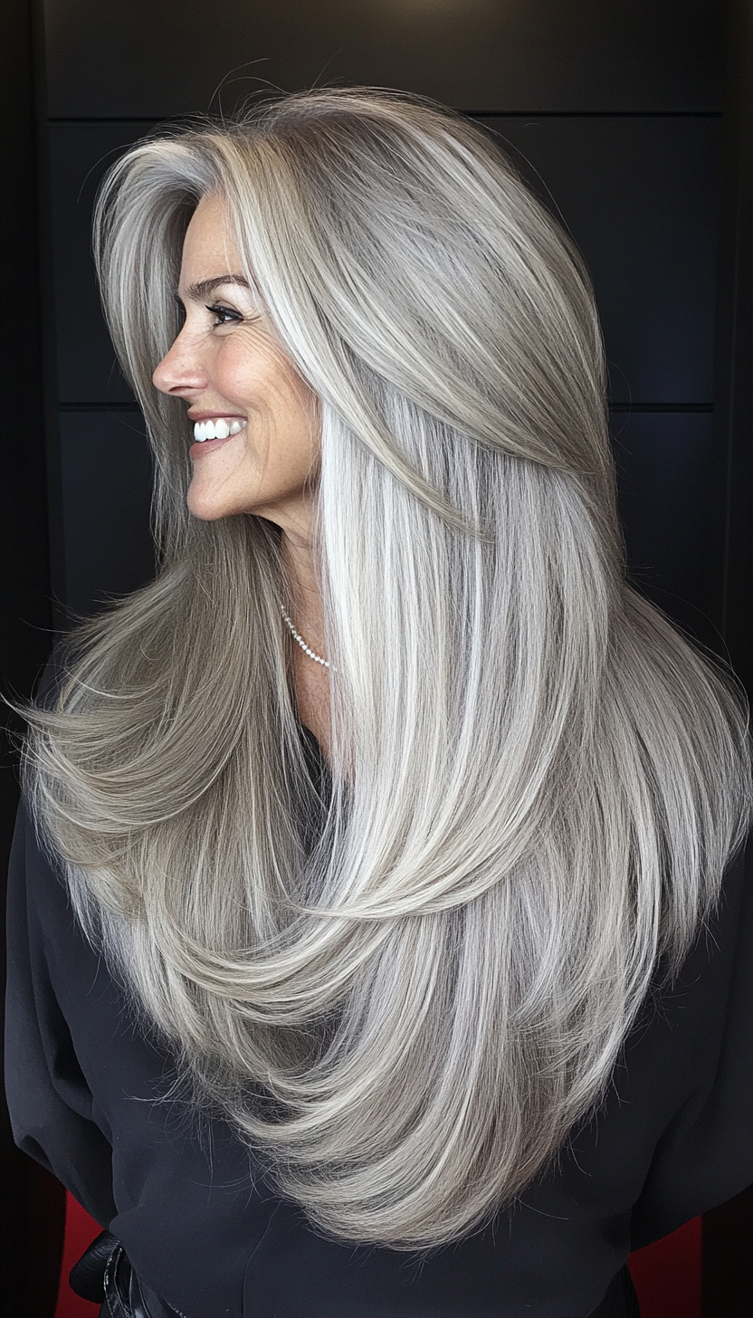 17. Long Blended Layers in Pearl Gray (Long Hairstyles For Women Over 50) - Long Hairstyles For Women Over 50