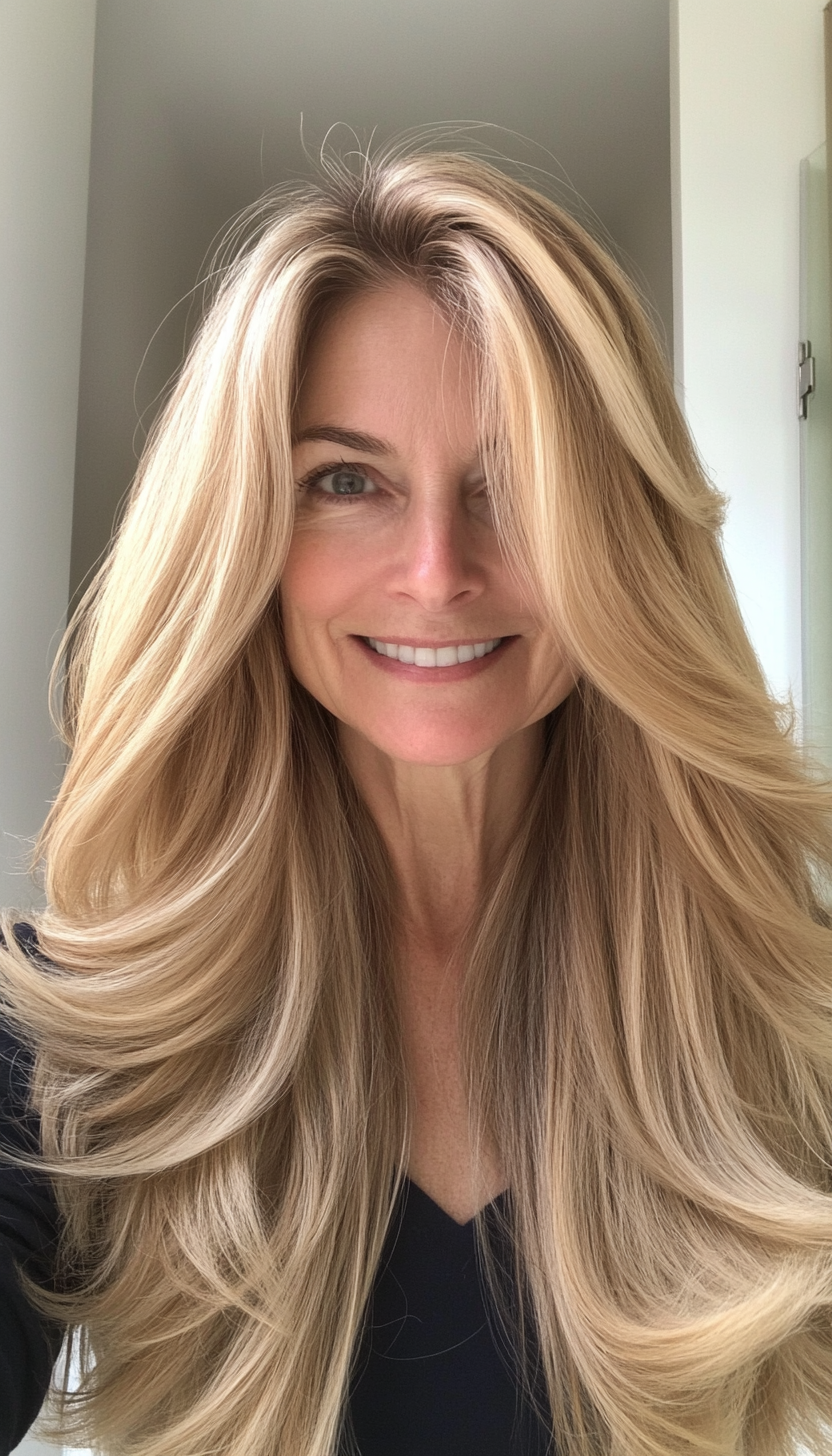 19. Classic Blowout Layers in Golden Blonde (Long Hairstyles For Women Over 50) - Long Hairstyles For Women Over 50