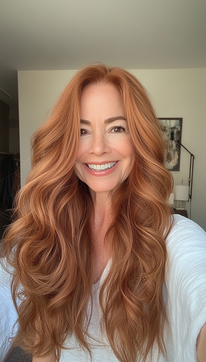 21. Subtle Waves in Rich Copper Brown (Long Hairstyles For Women Over 50) - Long Hairstyles For Women Over 50