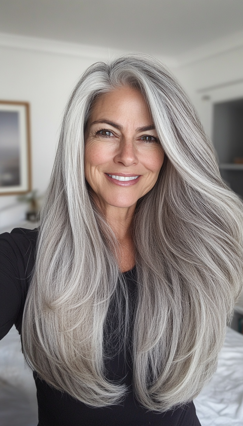 22. Long Layers with Salt and Pepper Tones (Long Hairstyles For Women Over 50) - Long Hairstyles For Women Over 50