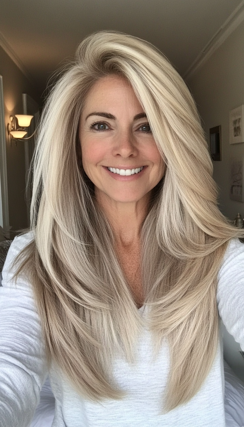 23. Side-Swept Layers in Medium Ash Blonde (Long Hairstyles For Women Over 50) - Long Hairstyles For Women Over 50