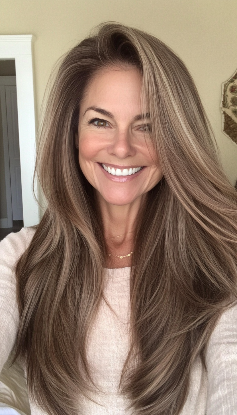 24. Slightly Angled Long Hair in Soft Brown (Long Hairstyles For Women Over 50) - Long Hairstyles For Women Over 50
