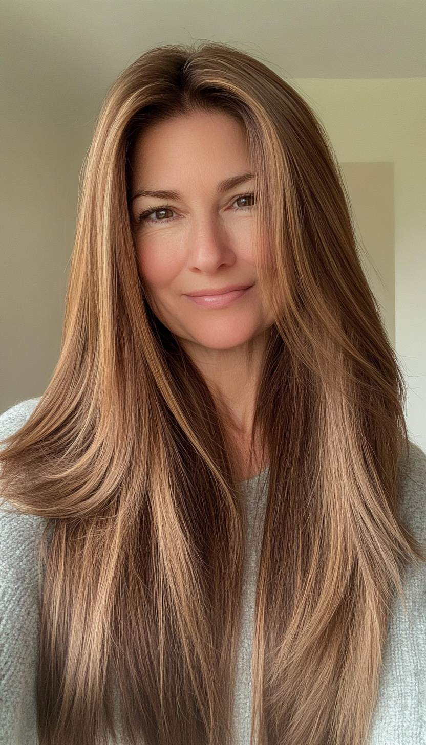 25. Flowing Straight Hair in Warm Honey Brown (Long Hairstyles For Women Over 50) - Long Hairstyles For Women Over 50