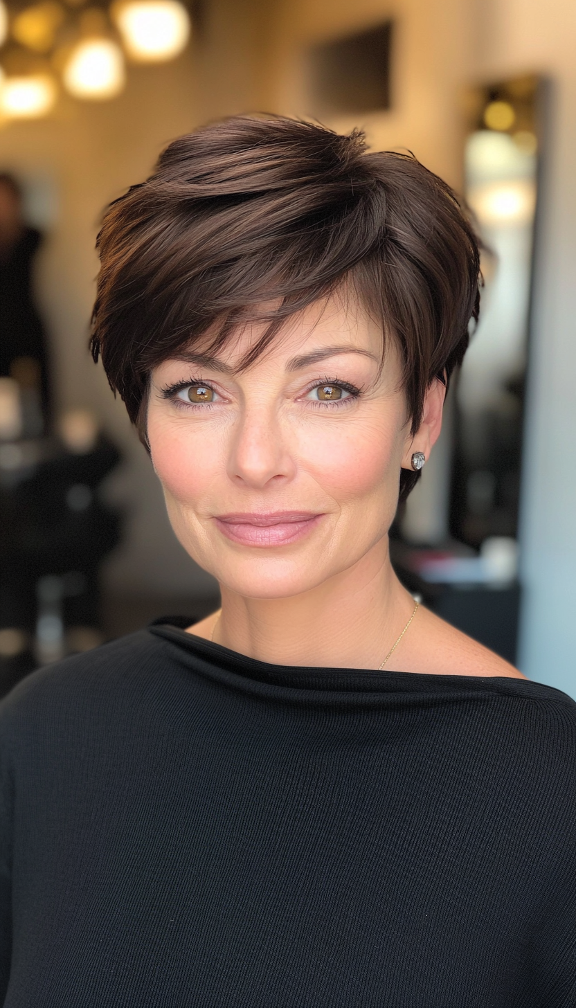 5. Short Espresso Feathered Cut (Short Hairstyles For Older Women With Fine Hair) - Short Hairstyles For Older Women With Fine Hair