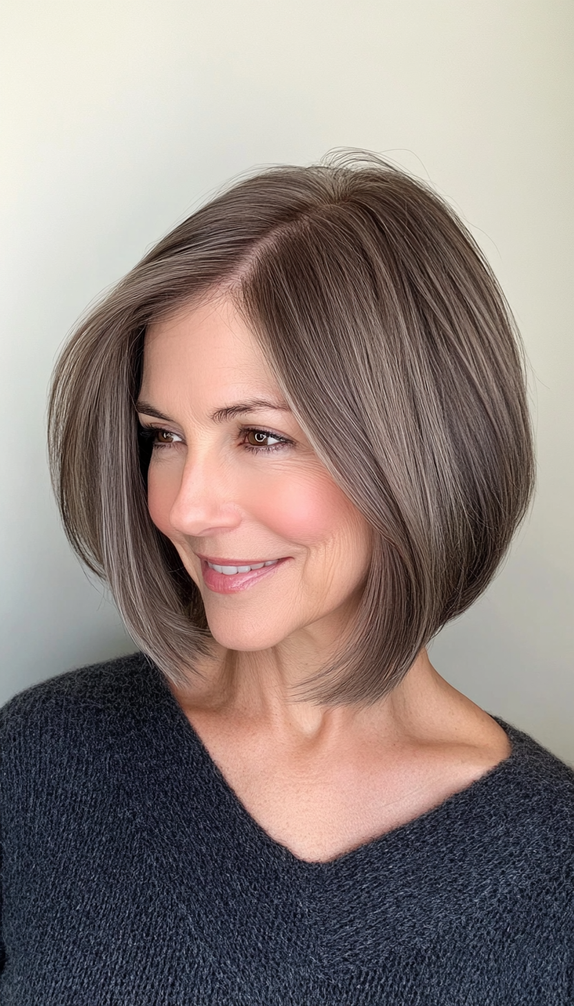 8. Ash Brown Angled Bob (Short Hairstyles For Older Women With Fine Hair) - Short Hairstyles For Older Women With Fine Hair