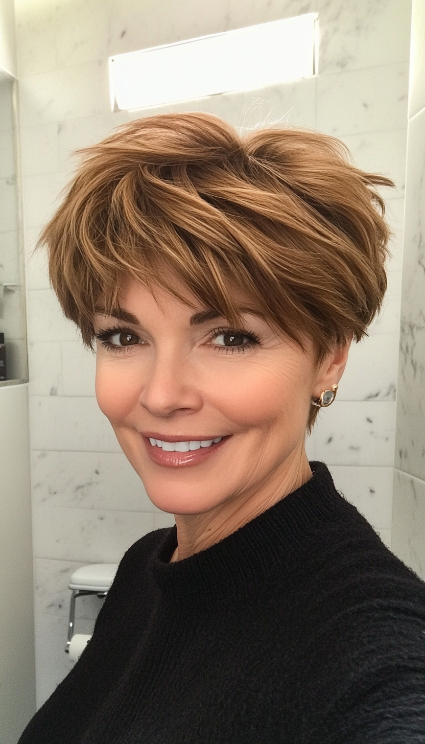 10. Caramel Layered Pixie (Short Hairstyles For Older Women With Fine Hair) - Short Hairstyles For Older Women With Fine Hair
