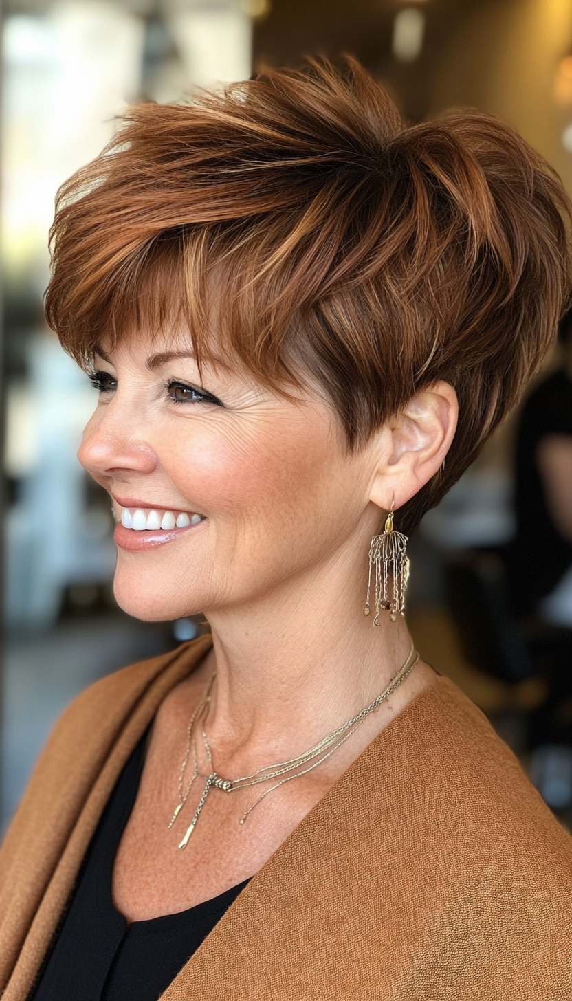 2. Feathered Pixie in Warm Chestnut (Short Hairstyles For Women Over 50) - Short Hairstyles For Women Over 50