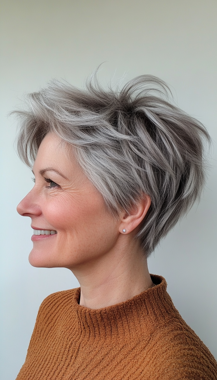 5. Textured Shag in Natural Salt-and-Pepper (Short Hairstyles For Women Over 50) - Short Hairstyles For Women Over 50