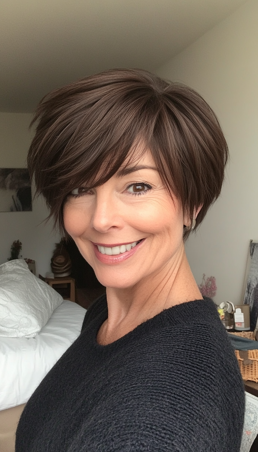 6. Side-Swept Pixie in Dark Cocoa Brown (Short Hairstyles For Women Over 50) - Short Hairstyles For Women Over 50
