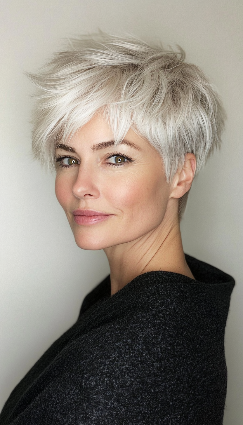 10. Pixie with Wispy Bangs in Cool Platinum Blonde (Short Hairstyles For Women Over 50) - Short Hairstyles For Women Over 50