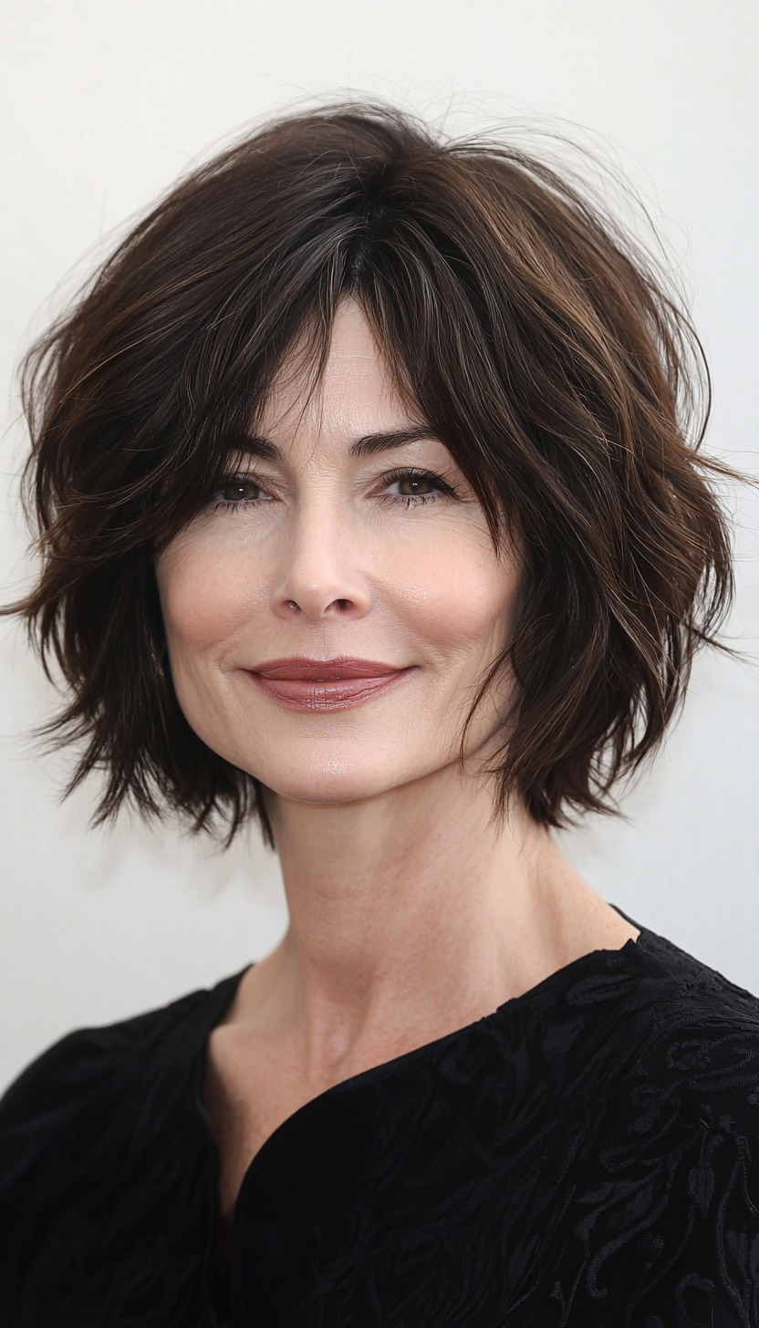 11. Messy Bob with Layers in Dark Mocha Brown (Short Hairstyles For Women Over 50) - Short Hairstyles For Women Over 50
