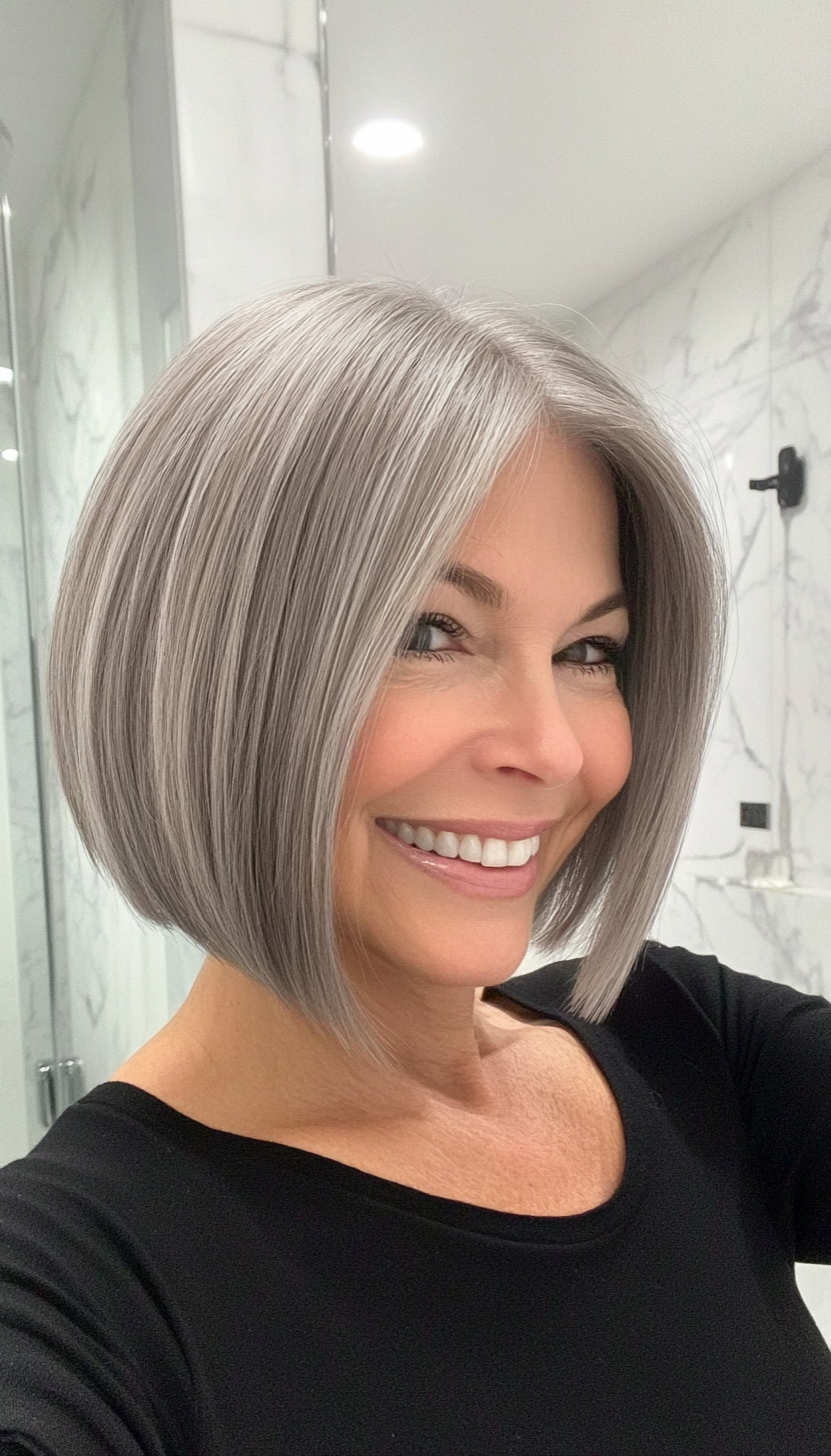 12. Angled Bob in Soft Gray (Short Hairstyles For Women Over 50) - Short Hairstyles For Women Over 50