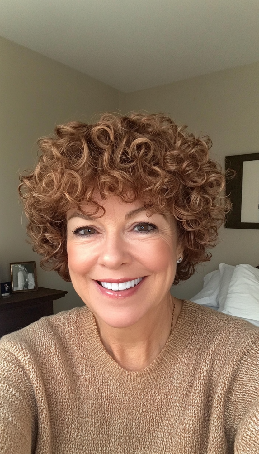 13. Short Curly Cut in Caramel Brown (Short Hairstyles For Women Over 50) - Short Hairstyles For Women Over 50
