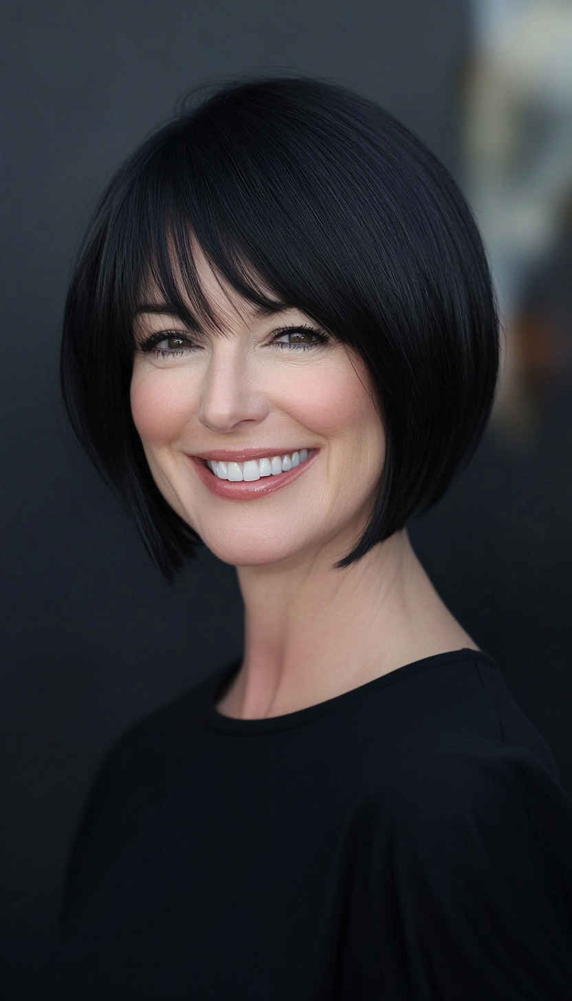 18. Elegant Blunt Bob in Natural Jet Black (Short Hairstyles For Women Over 50) - Short Hairstyles For Women Over 50