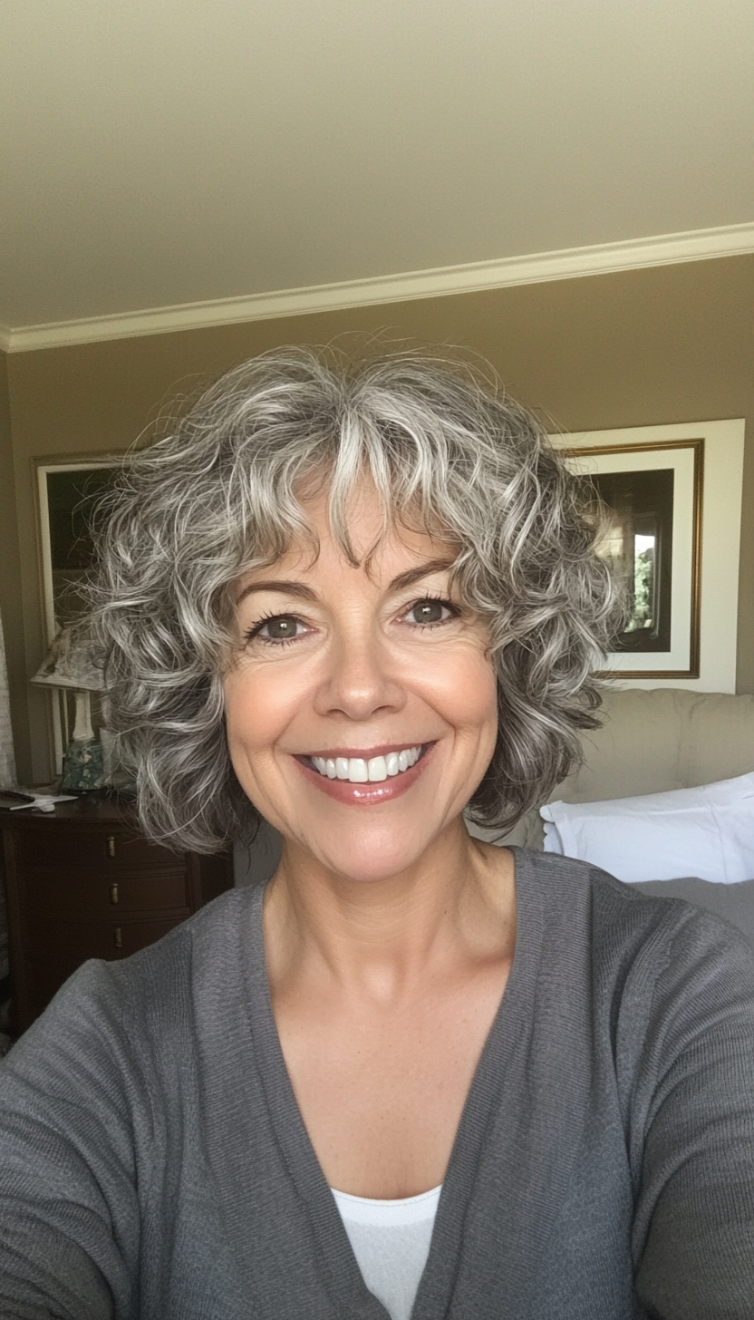20. Cropped Curls in Soft Gray Blend (Short Hairstyles For Women Over 50) - Short Hairstyles For Women Over 50