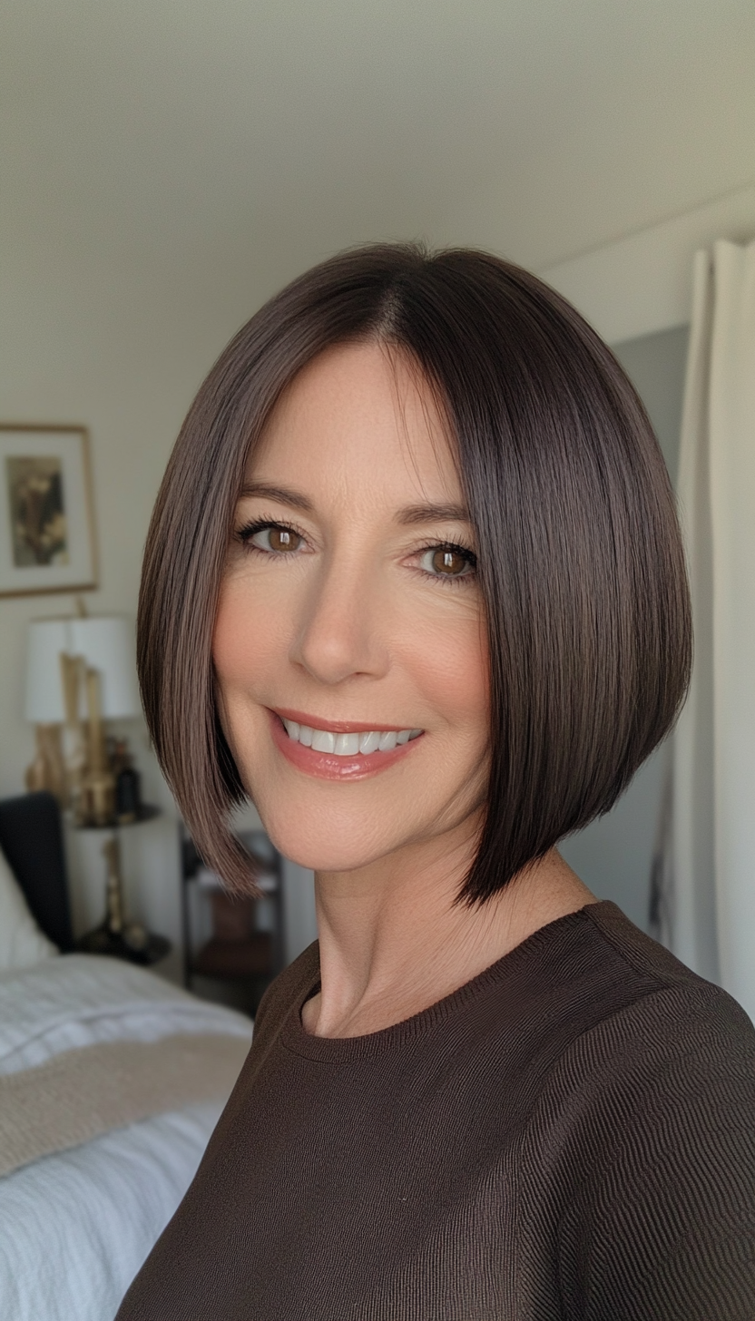21. Sleek Short Bob in Neutral Dark Brown (Short Hairstyles For Women Over 50) - Short Hairstyles For Women Over 50