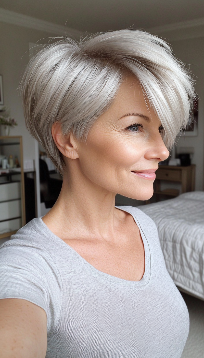 22. Layered Pixie in Icy Silver (Short Hairstyles For Women Over 50) - Short Hairstyles For Women Over 50
