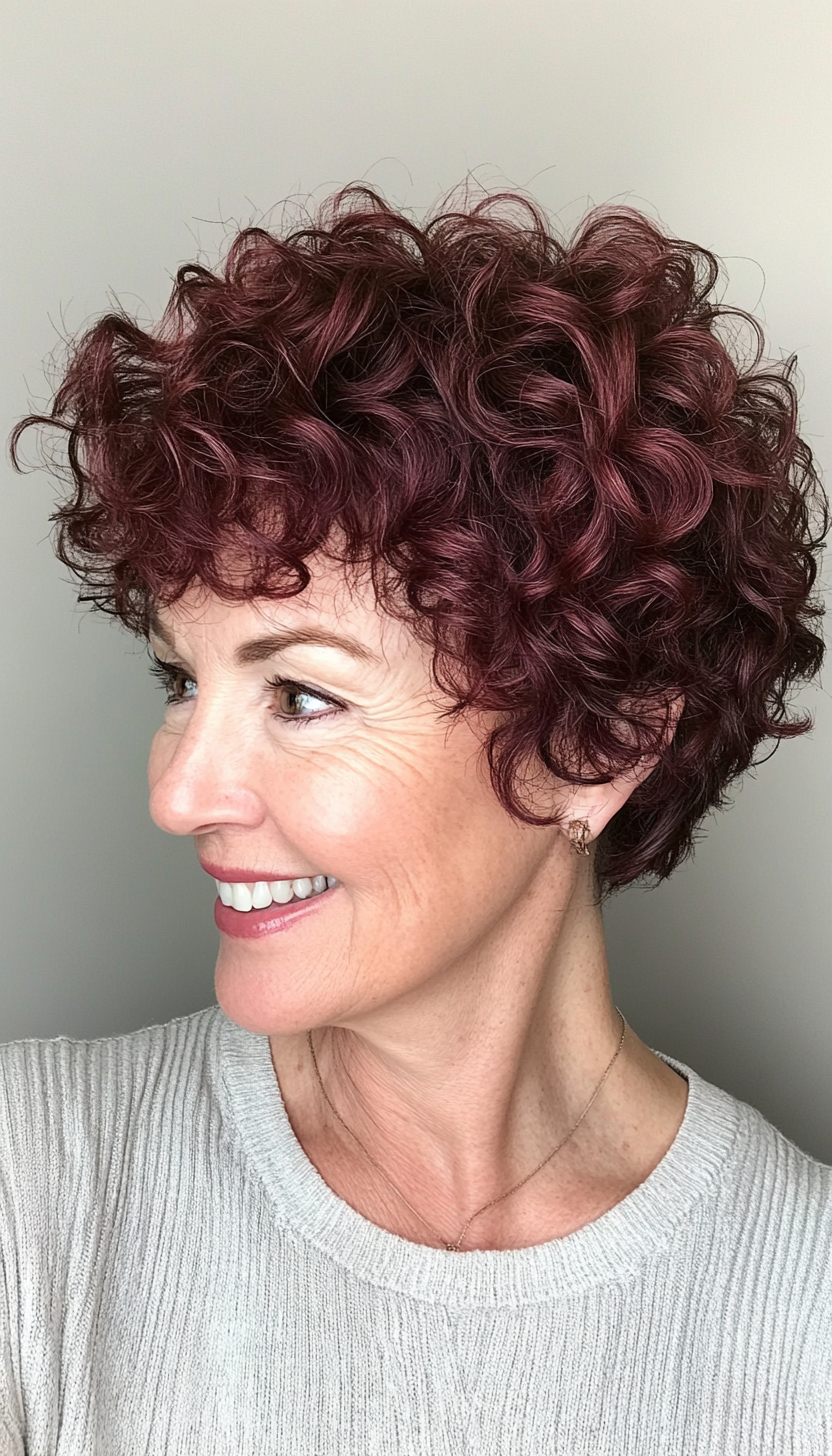 25. Voluminous Curly Crop in Deep Burgundy Brown (Short Hairstyles For Women Over 50) - Short Hairstyles For Women Over 50