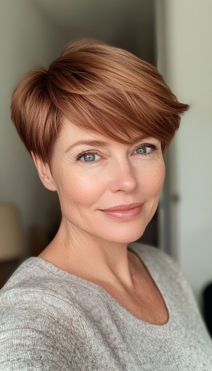 26. Side-Parted Pixie in Warm Cinnamon Brown (Short Hairstyles For Women Over 50) - Short Hairstyles For Women Over 50