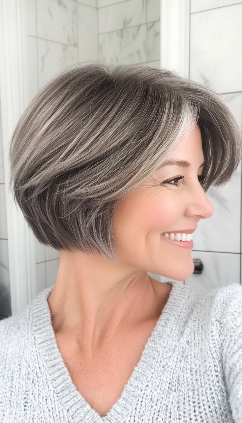 27. Chin-Length Layered Cut in Smoky Gray (Short Hairstyles For Women Over 50) - Short Hairstyles For Women Over 50