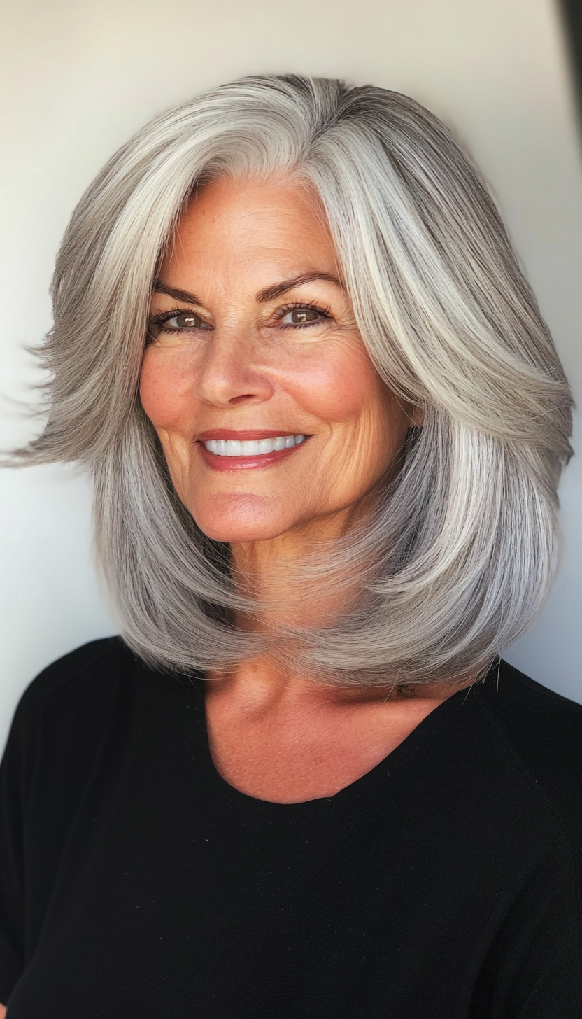 1. Feathered Bob with Soft Gray Blending (Medium Length Hairstyles For Women Over 60) - Medium Length Hairstyles For Women Over 60