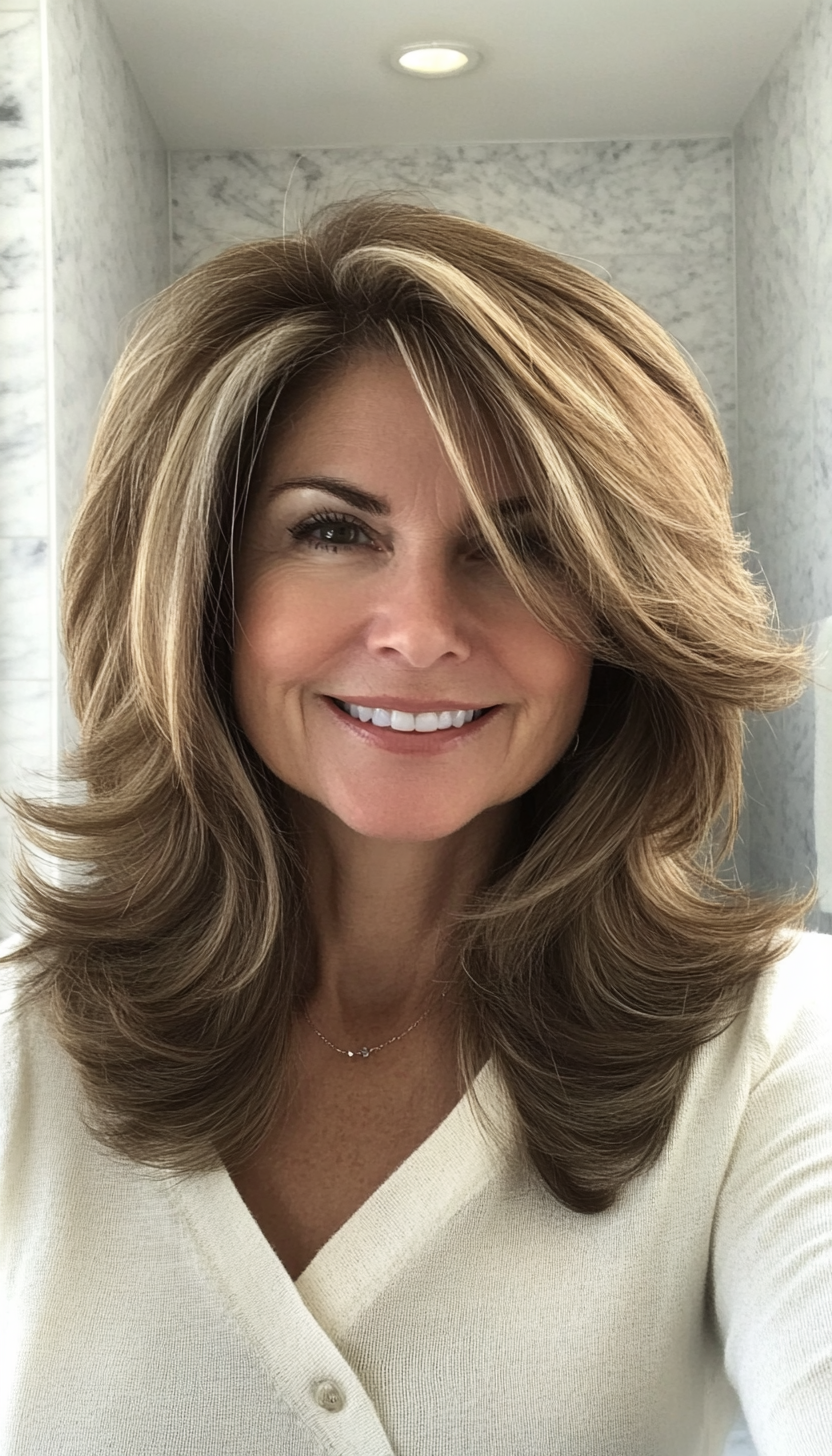 2. Shoulder-Length Wispy Layers in Warm Chestnut (Medium Length Hairstyles For Women Over 60) - Medium Length Hairstyles For Women Over 60