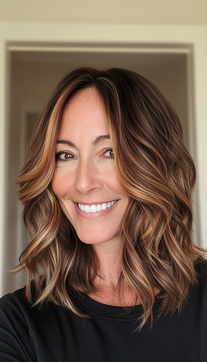 4. Wavy Lob with Caramel Highlights (Medium Length Hairstyles For Women Over 60) - Medium Length Hairstyles For Women Over 60