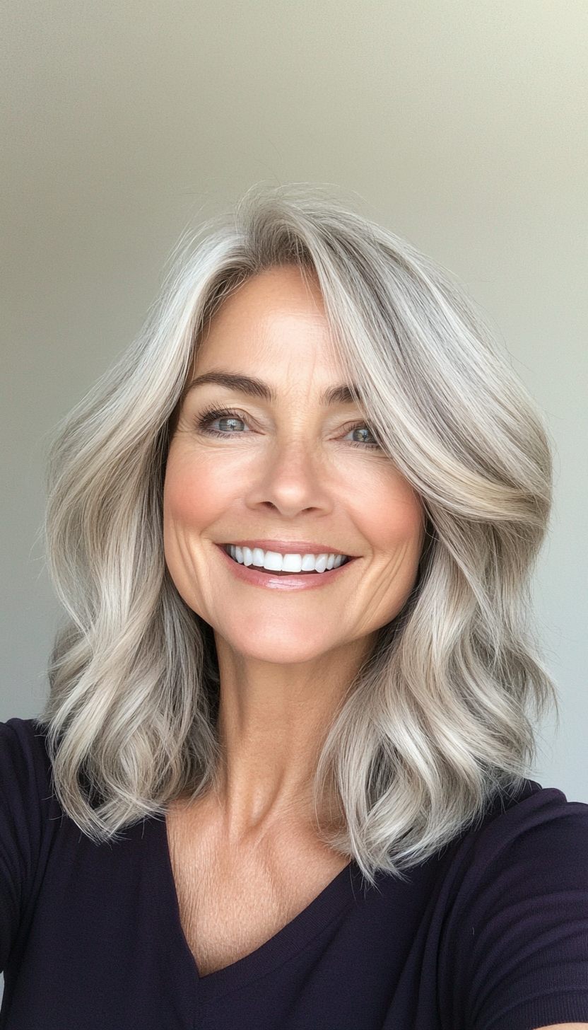 5. Textured Shoulder-Length Cut in Salt-and-Pepper Blend (Medium Length Hairstyles For Women Over 60) - Medium Length Hairstyles For Women Over 60