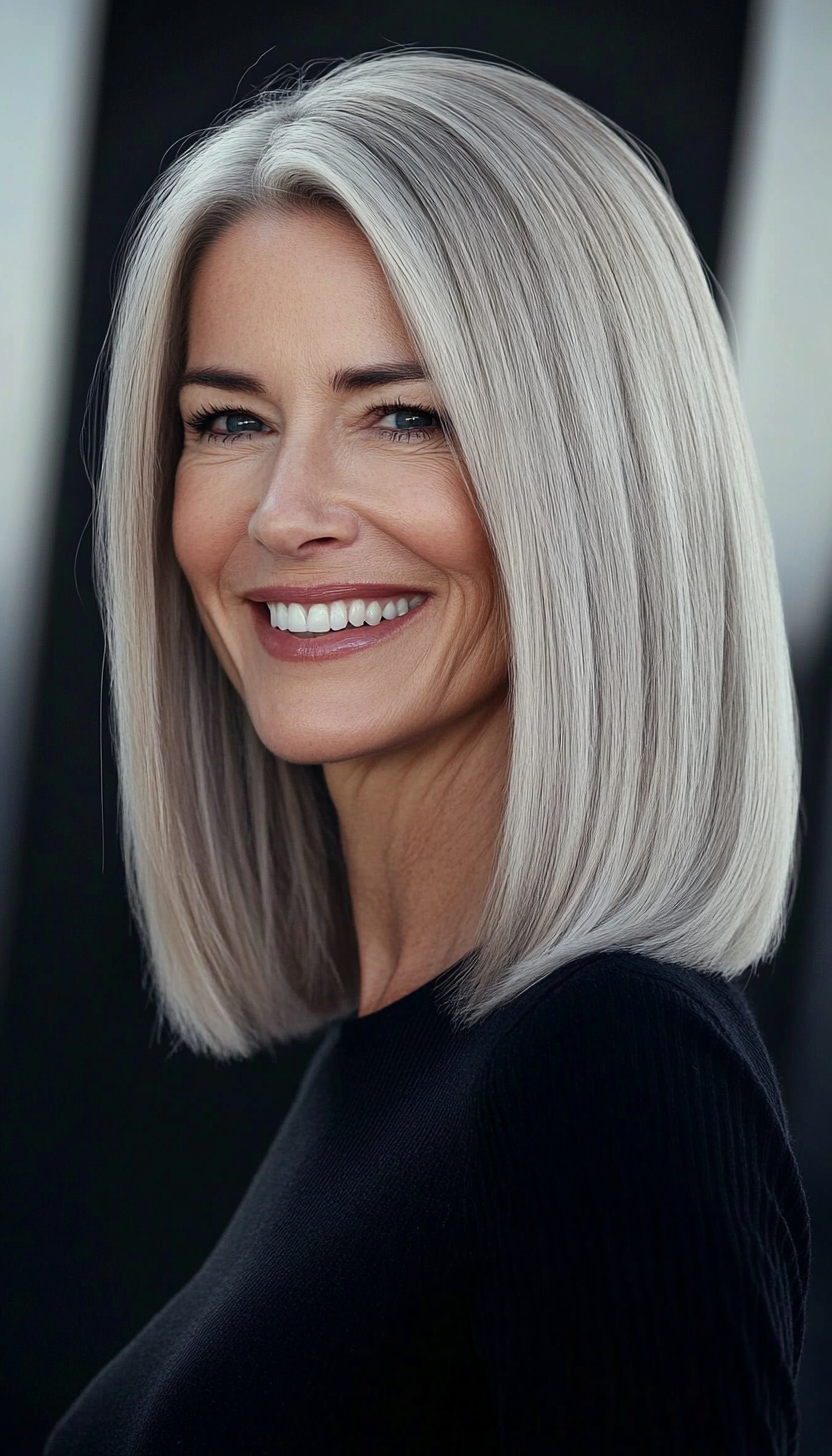 8. Sleek Lob in Cool Ash Blonde (Medium Length Hairstyles For Women Over 60) - Medium Length Hairstyles For Women Over 60