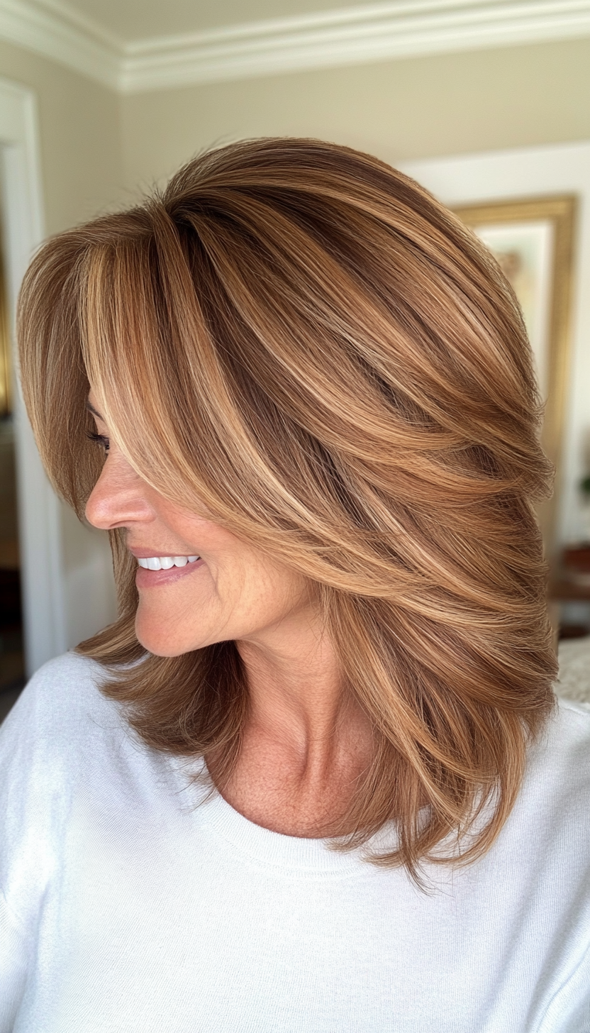 13. Classic Shoulder-Length Cut with Cinnamon Highlights (Medium Length Hairstyles For Women Over 60) - Medium Length Hairstyles For Women Over 60