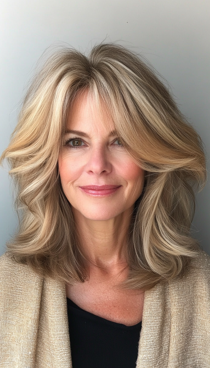 14. Feathered Mid-Length Cut in Warm Golden Blonde (Medium Length Hairstyles For Women Over 60) - Medium Length Hairstyles For Women Over 60