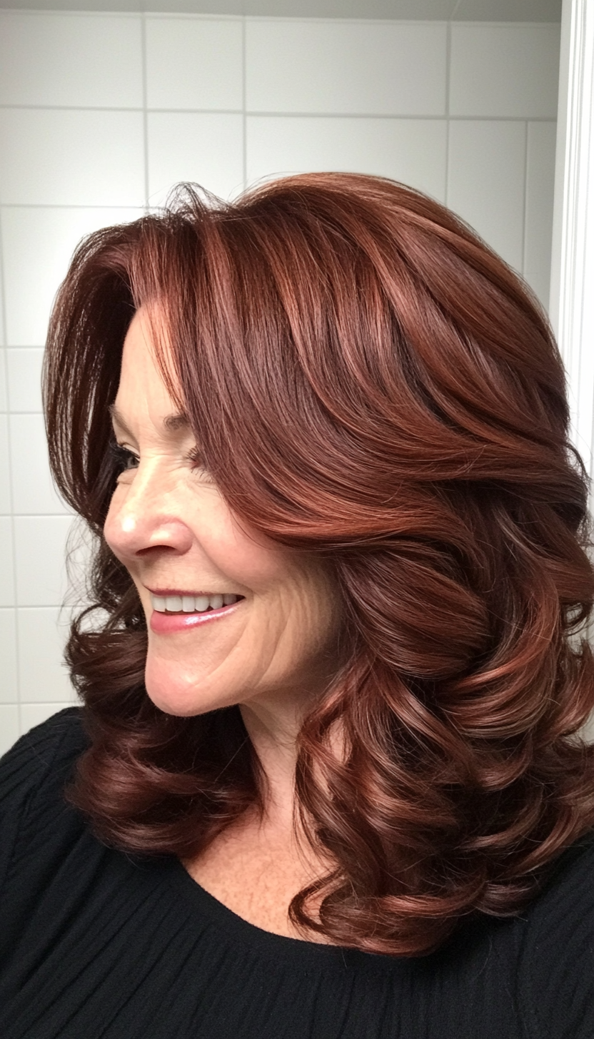 15. Soft Curls with Subtle Mahogany Tones (Medium Length Hairstyles For Women Over 60) - Medium Length Hairstyles For Women Over 60