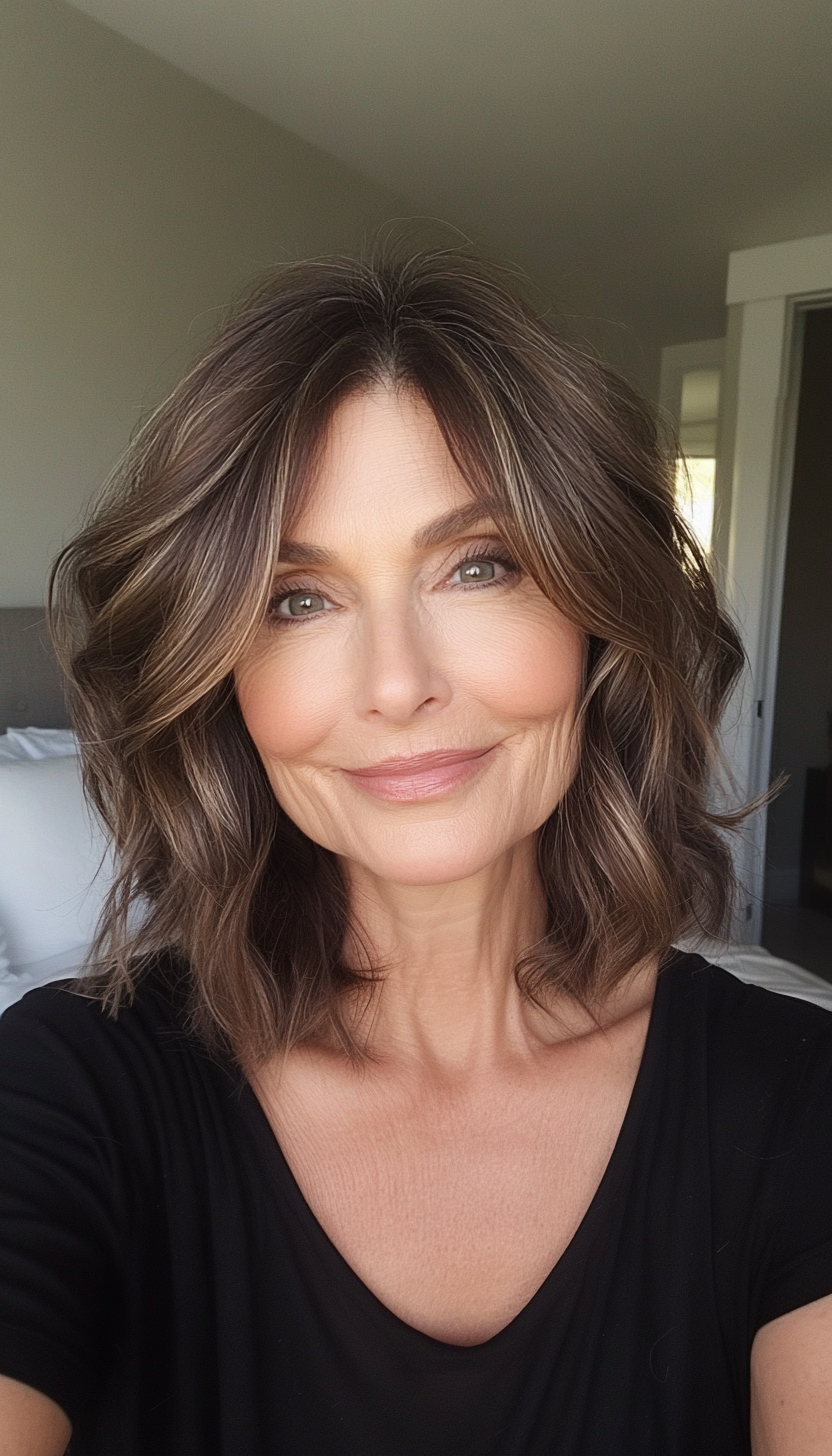 16. Tousled Lob with Dark Brown Lowlights (Medium Length Hairstyles For Women Over 60) - Medium Length Hairstyles For Women Over 60