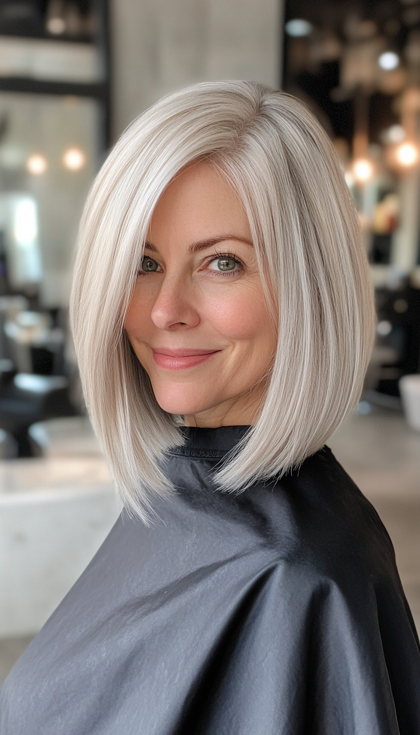 17. Shoulder-Length Angled Bob in Silver Blonde (Medium Length Hairstyles For Women Over 60) - Medium Length Hairstyles For Women Over 60