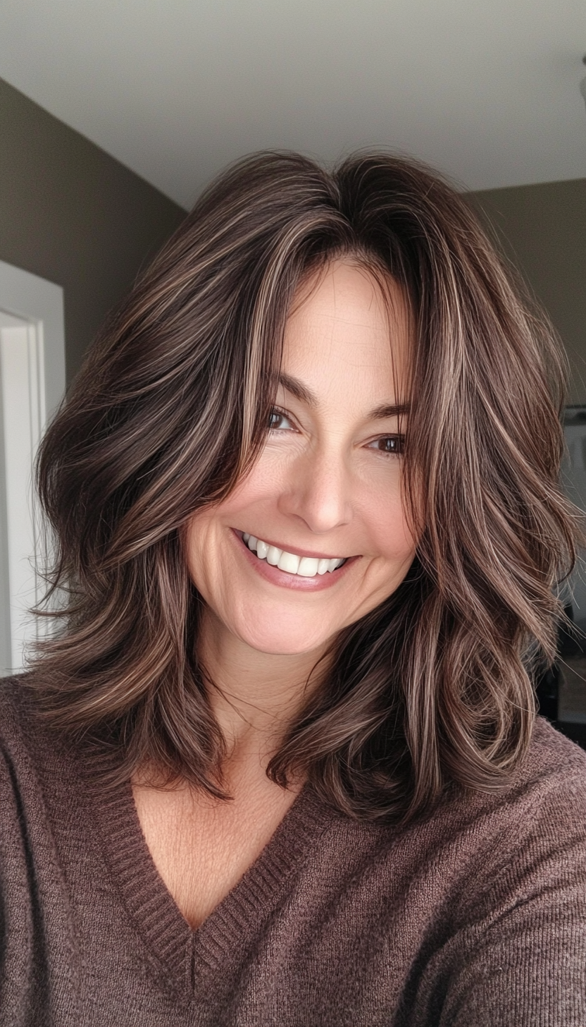 18. Shaggy Lob with Chocolate Brown Undertones (Medium Length Hairstyles For Women Over 60) - Medium Length Hairstyles For Women Over 60