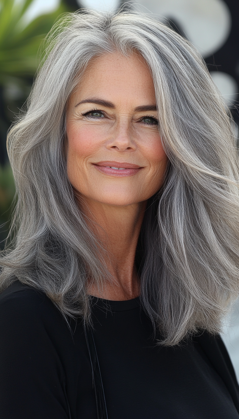 19. Voluminous Blowout in Soft Natural Gray (Medium Length Hairstyles For Women Over 60) - Medium Length Hairstyles For Women Over 60