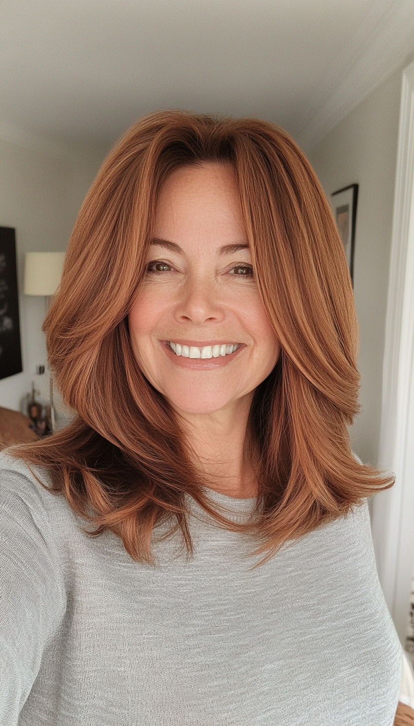 20. Long Layered Bob in Warm Copper Brown (Medium Length Hairstyles For Women Over 60) - Medium Length Hairstyles For Women Over 60