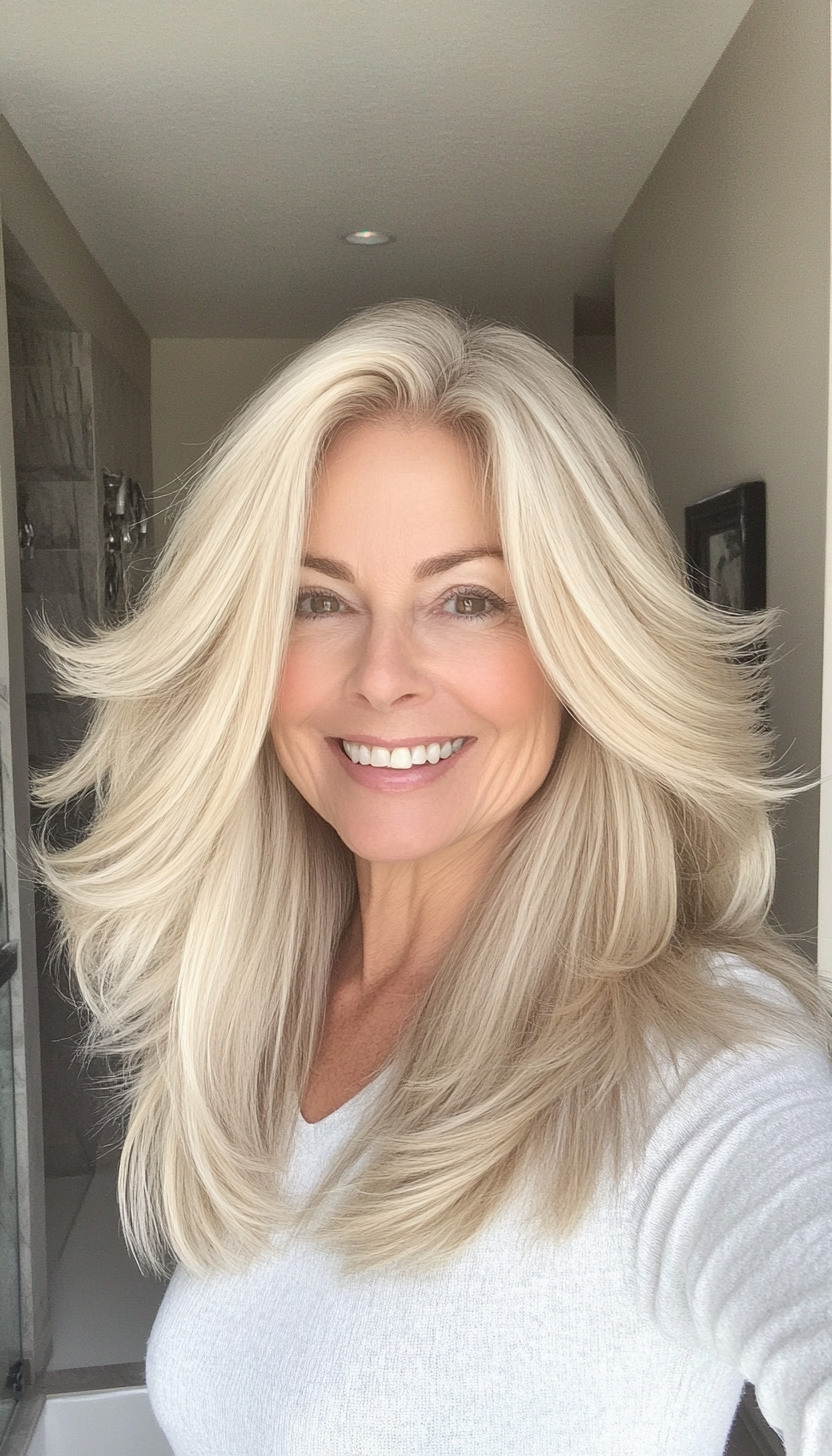 21. Classic Flip-Out Layers in Light Sandy Blonde (Medium Length Hairstyles For Women Over 60) - Medium Length Hairstyles For Women Over 60