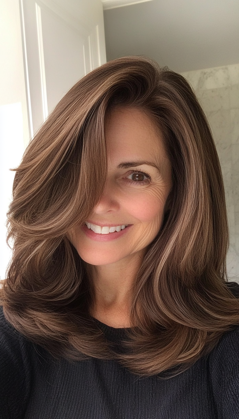 22. Face-Framing Layers with Medium Chocolate Brown (Medium Length Hairstyles For Women Over 60) - Medium Length Hairstyles For Women Over 60