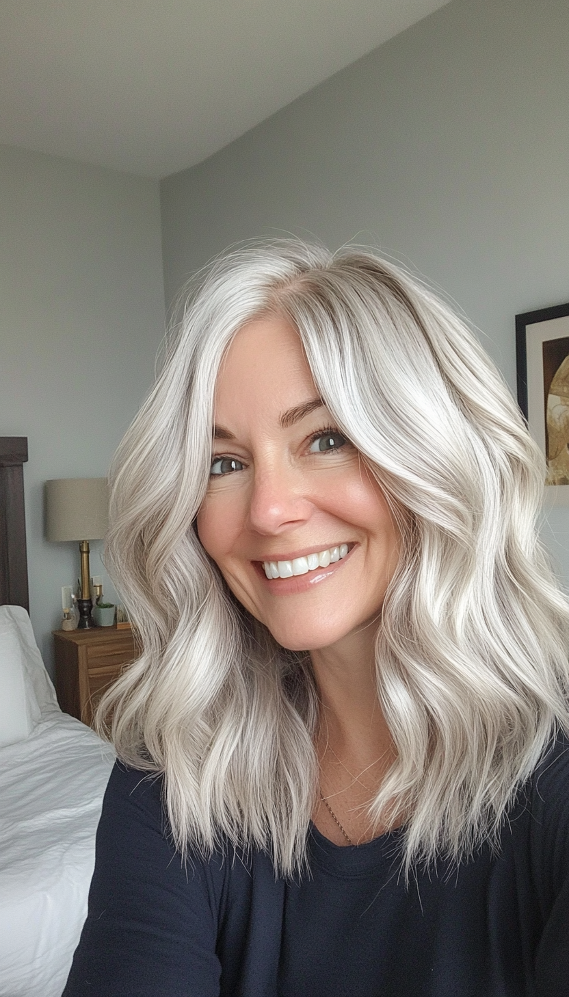 23. Soft Waves in Silver Ash Blonde (Medium Length Hairstyles For Women Over 60) - Medium Length Hairstyles For Women Over 60