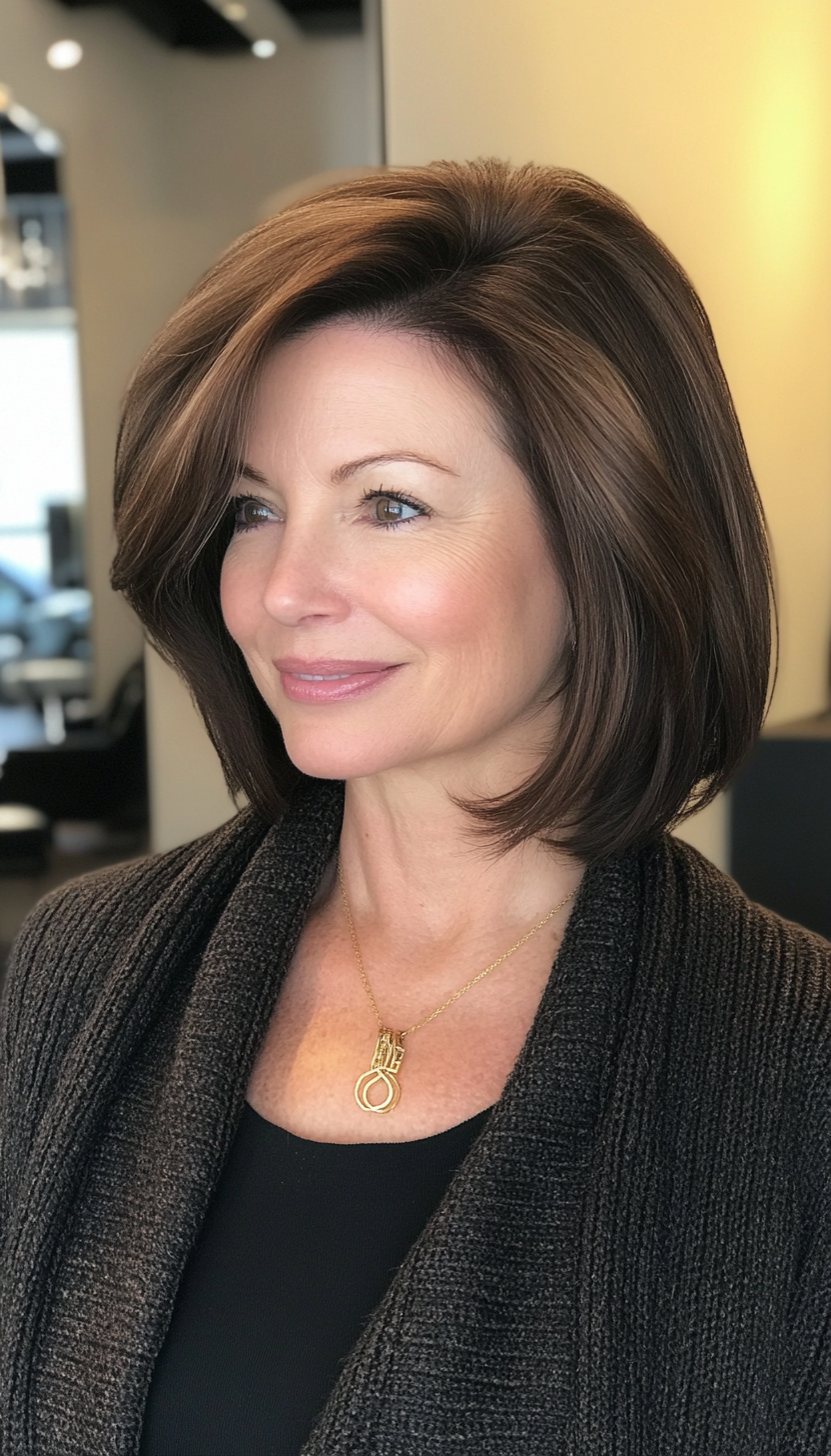 24. Sleek Angled Lob in Rich Espresso Brown (Medium Length Hairstyles For Women Over 60) - Medium Length Hairstyles For Women Over 60